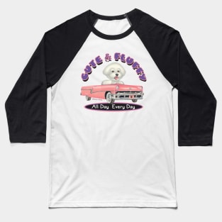 Cute Bichon Frise Driving vintage Classic pink cadillac while shopping Baseball T-Shirt